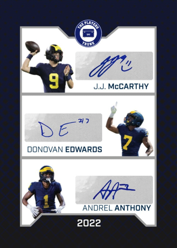 J.J. McCarthy & Donovan Edwards & Andrel Anthony Triple SIGNED 1st Edi –  The Players Trunk