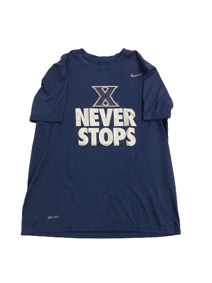 Xavier Basketball Team Issued "X NEVER STOPS" Workout Shirt (Size L)
