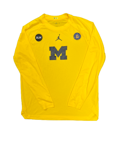 Dug McDaniel Michigan Basketball Player Exclusive Pre-Game Warm-Up Long Sleeve Shooting Shirt WITH BLM/TITLE IX Patches & 