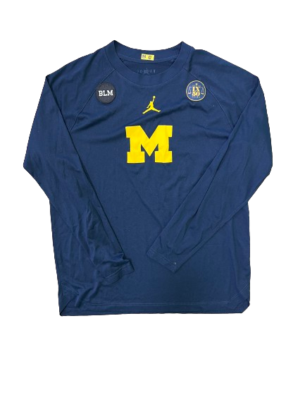 Dug McDaniel Michigan Basketball Player Exclusive Pre-Game Warm-Up Long Sleeve Shooting Shirt WITH BLM/TITLE IX Patches & 