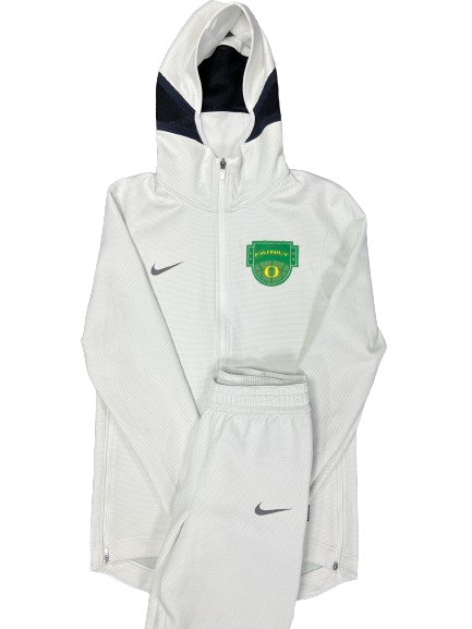 Jaz Shelley Oregon Basketball Player Exclusive "MARCH MADNESS" Full Warm-Up Sweatsuit - "Oregon Family" Jacket & Snap-Off Sweatpants (Size S)