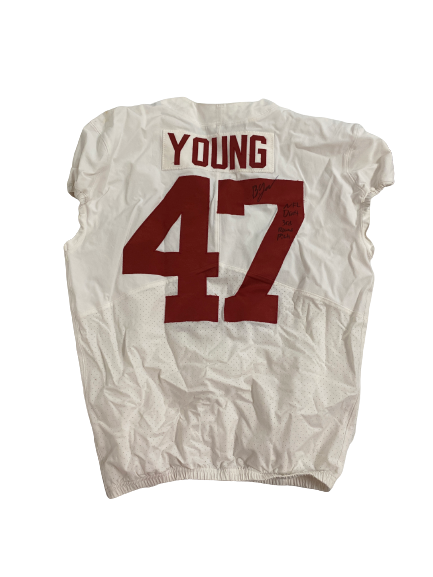 Byron Young Alabama Football SIGNED AND INSCRIBED “NFL Draft 3rd Round Pick” GAME WORN Jersey (Size 48)