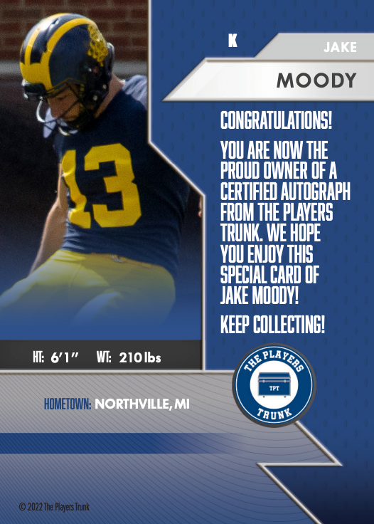 Jake Moody SIGNED Limited Gold Variation 1st Edition 2022 Trading Card (