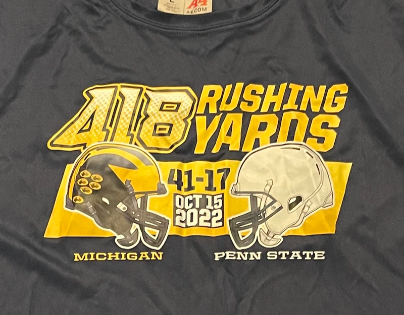 A.J. Henning Michigan Football Player Exclusive "418 Rushing Yards" vs Penn. State 10/15/2022 (Size L)