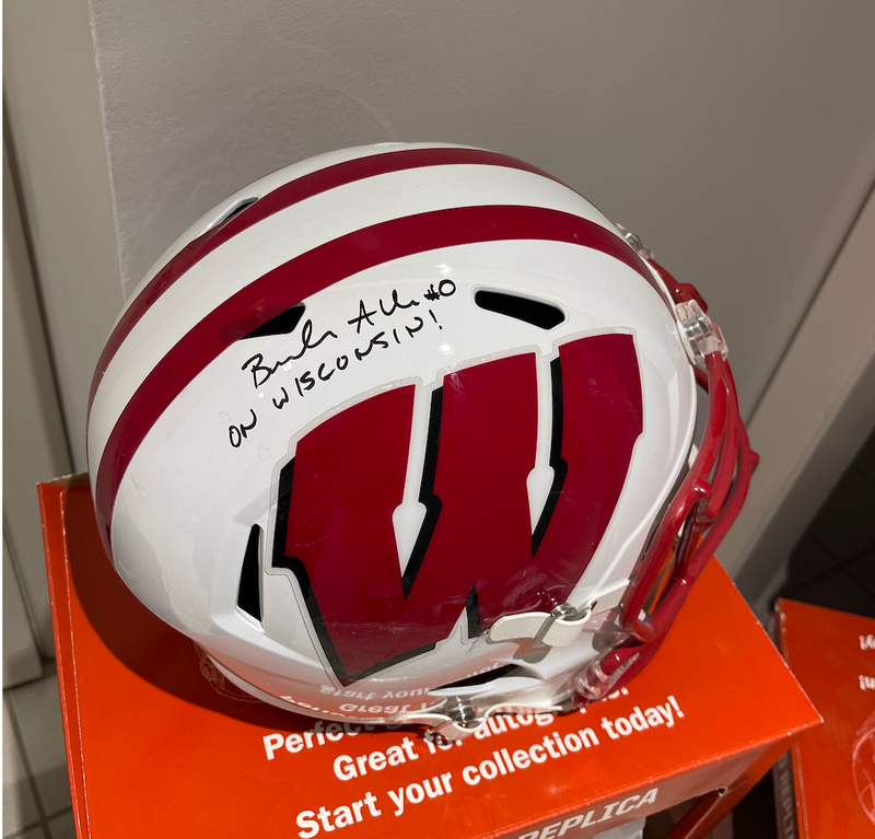 Braelon Allen SIGNED Wisconsin Football Full Size Riddell Speed Replica Helmet with "ON WISCONSIN!" Inscription