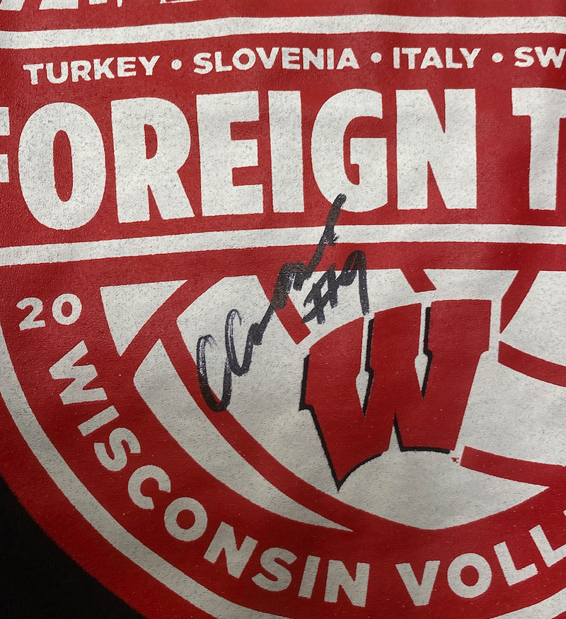 CC Crawford Wisconsin Volleyball SIGNED Player Exclusive "EUROPE 2023 FOREIGN TOUR" Practice Shirt (Size L)