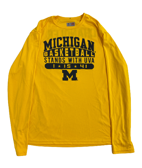 Joey Baker Michigan Basketball Player Exclusive "MICHIGAN BASKETBALL STANDS WITH UVA" Long Sleeve Pre-Game Warm-Up Shirt (Size XL)