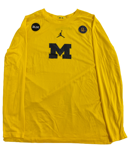 Joey Baker Michigan Basketball Player Exclusive "Maize" Long Sleeve Pre-Game Warm-Up Shirt WITH BLM AND TITLE IX PATCHES (Size XL)