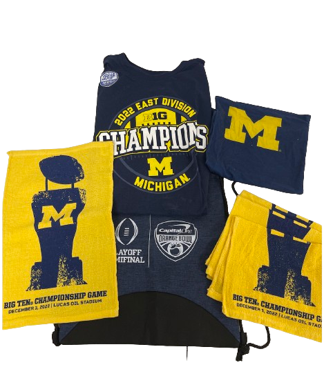 Alan Bowman Michigan Football Champions Lot (T-Shirt - Size 2XL, CFP Orange Bowl Bag, 4 towels, Neck Gaiter)