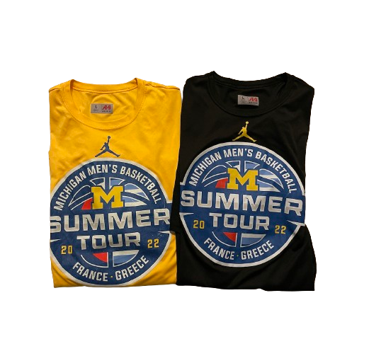 Michigan Basketball Set of (2) Team Exclusive "2022 Summer Tour Trip - France, Greece" Short Sleeve Workout Shirts (Size L)