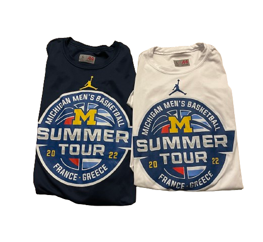 Michigan Basketball Set of (2) Team Exclusive "2022 Summer Tour Trip - France, Greece" Long Sleeve Workout Shirts (Size L)