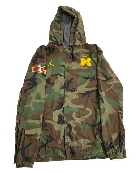Mica Gelb Michigan Football Team Issued Camo Military Appreciation Jacket with Sewn In American Flag (Size XXL)