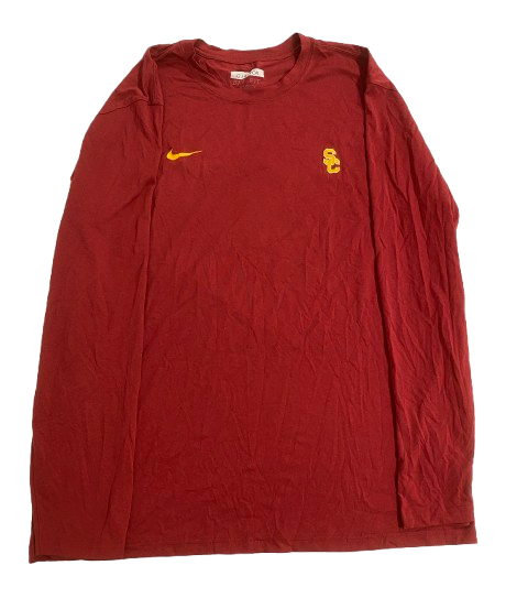 Velus Jones Jr. USC Football Team Issued Long Sleeve Shirt (Size XL) - Head Coach Clay Helton Name Tag