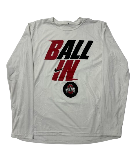 Eugene Brown III Ohio State Basketball Player Exclusive "BALL IN" Pre-Game Warm-Up / Bench Long Sleeve Shooting Shirt with Number on Back (Size L)