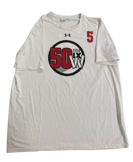 Graham Mertz Wisconsin Football Player Exclusive "50 Years Anniversary Title IX" Pre-Game Warm-Up Shirt with Number on Front & Back (Size XL)