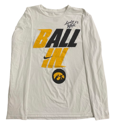 Sydney Affolter Iowa Basketball SIGNED Team Issued "BALL IN" Pre-Game Warm-Up / Bench Long Sleeve Shirt (Size L) - PHOTOMATCHED
