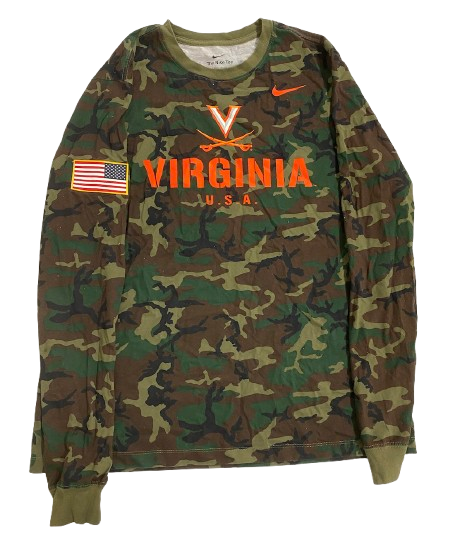 Jalen Warley Virginia Basketball Team Issued Camo Long Sleeve Shirt with American Flag (Size L)