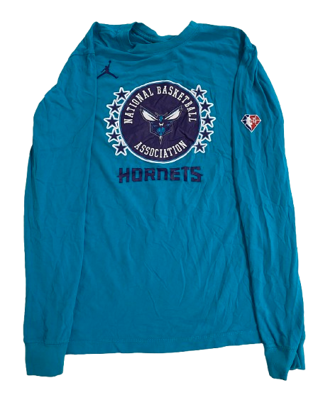 D.J. Carton Charlotte Hornets Player Exclusive Jordan Long Sleeve Shirt with 75th Anniversary Team Logo on Sleeve (Size M)