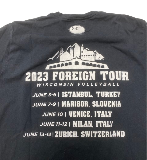 CC Crawford Wisconsin Volleyball SIGNED Player Exclusive "EUROPE 2023 FOREIGN TOUR" Practice Shirt (Size L)
