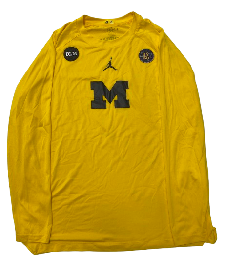 Jaelin Llewellyn Michigan Basketball Player Exclusive Pre-Game Warm-Up Long Sleeve Shooting Shirt with "BLM & Title IX 50 Years" Patch + Player Tag (Size L)
