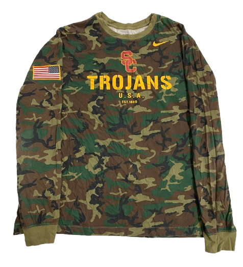 Joe Bryson USC Football Team Issued Camo Long Sleeve Shirt with American Flag (Size XXL)