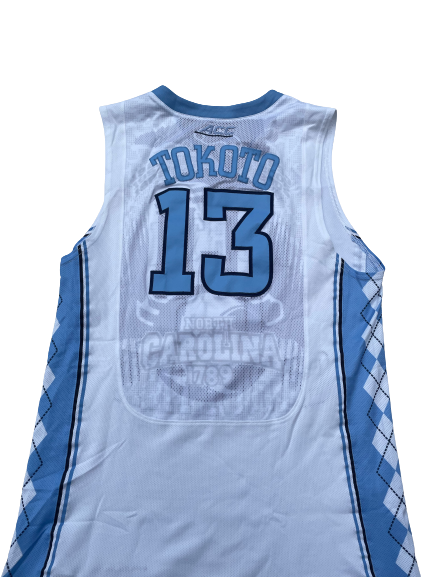 J.P. Tokoto North Carolina Basketball 2014-2015 SIGNED Game Worn Jersey with "DES" Patch (Size 48)