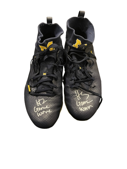 Hassan Haskins Michigan Football Player Exclusive SIGNED & INSCRIBED GAME WORN Cleats (Size 11.5)