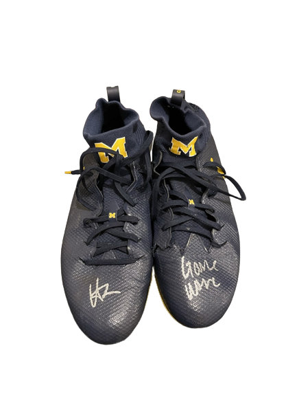 Hassan Haskins Michigan Football Player Exclusive SIGNED & INSCRIBED GAME WORN Cleats (Size 11)