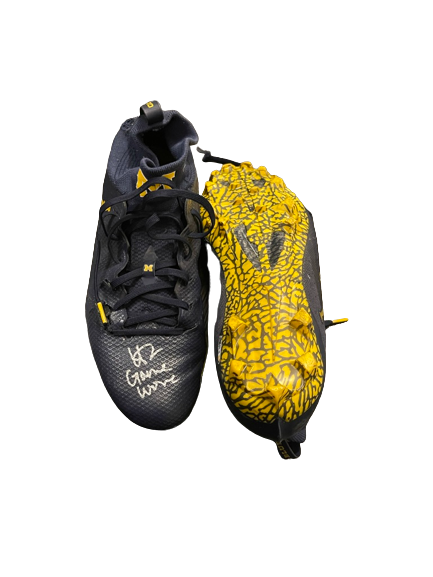 Hassan Haskins Michigan Football Player Exclusive SIGNED & INSCRIBED GAME WORN Cleats (Size 11.5)