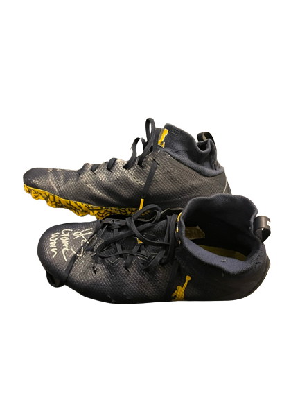 Hassan Haskins Michigan Football Player Exclusive SIGNED & INSCRIBED GAME WORN Cleats (Size 11.5)