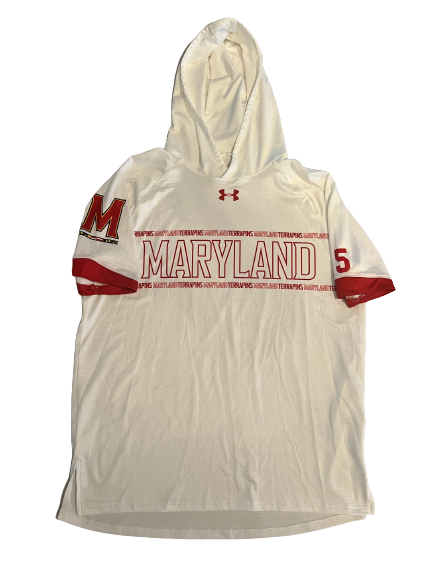 Eric Ayala Maryland Basketball Team Exclusive Short Sleeve Pre-Game Warm-Up Hoodie with Number on Sleeve (Size L)