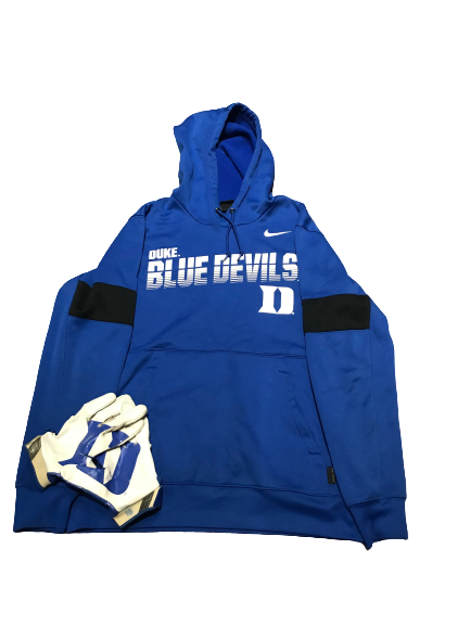 Lot of (2) Dylan Singleton Duke Football Items (Sweatshirt and Football Gloves)