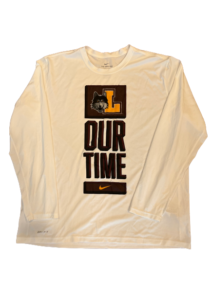 Tate Hall Loyola Basketball Team Issued Long Sleeve "OUR TIME" March Madness Warm-Up / Bench Shirt (Size 2XL)