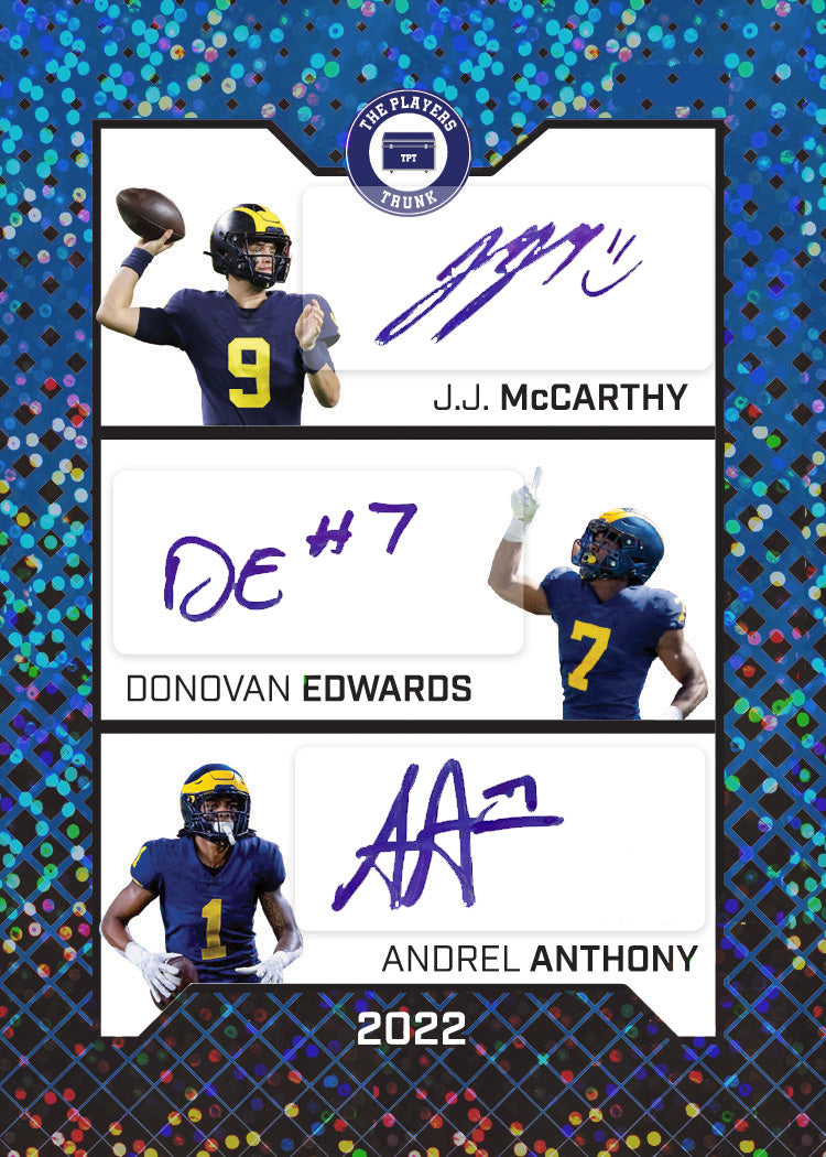 J.J. McCarthy & Donovan Edwards & Andrel Anthony SIGNED 1 of 1 2022 Trading Card - BLUE VERSION (