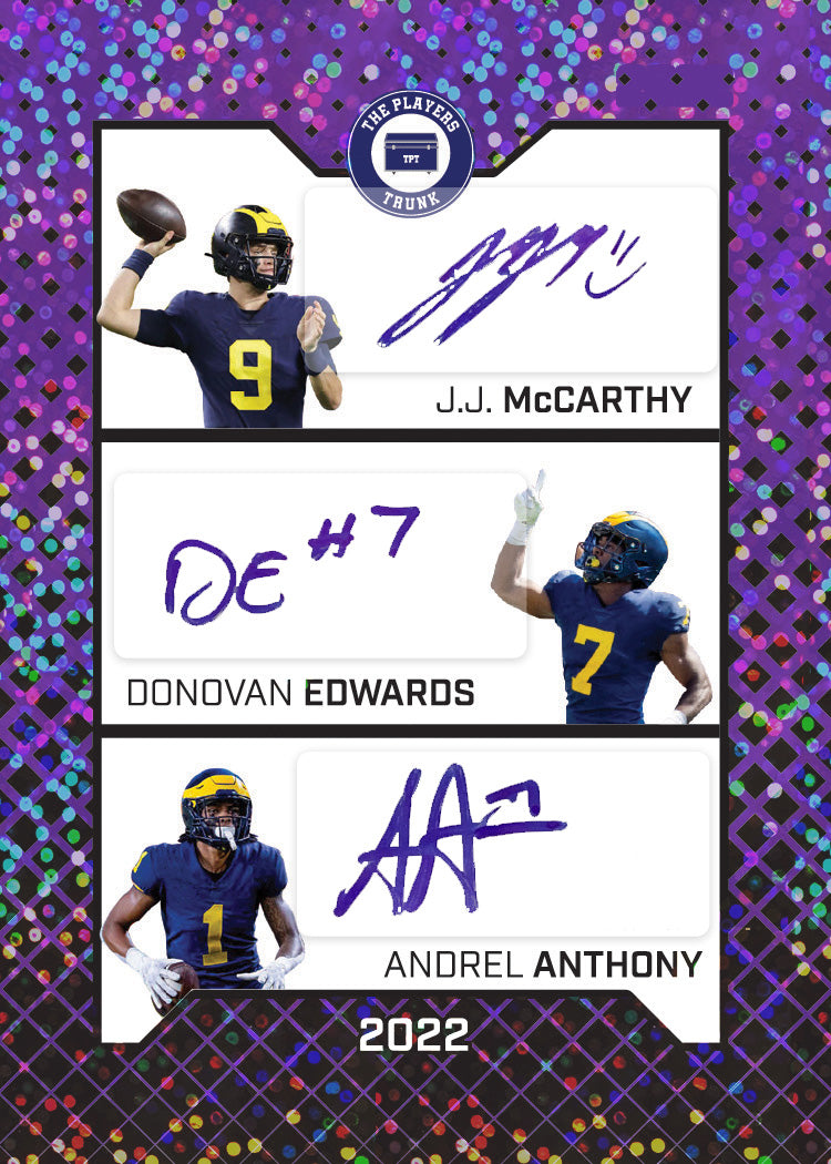 J.J. McCarthy & Donovan Edwards & Andrel Anthony SIGNED 1 of 1 2022 Trading Card (