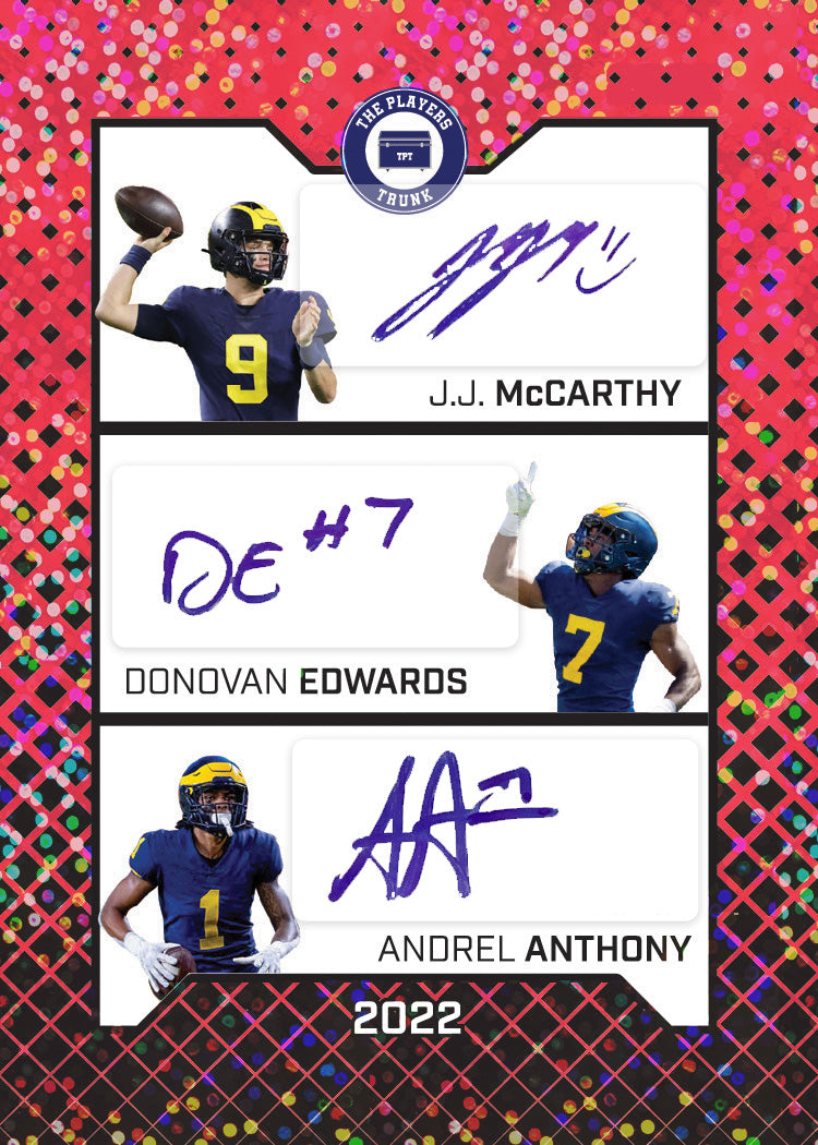 J.J. McCarthy & Donovan Edwards & Andrel Anthony SIGNED 1 of 1 2022 Trading Card (