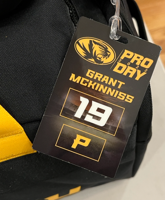 Grant McKinniss Missouri Football Team Exclusive Travel Duffel Bag with Pro Day Name Tag