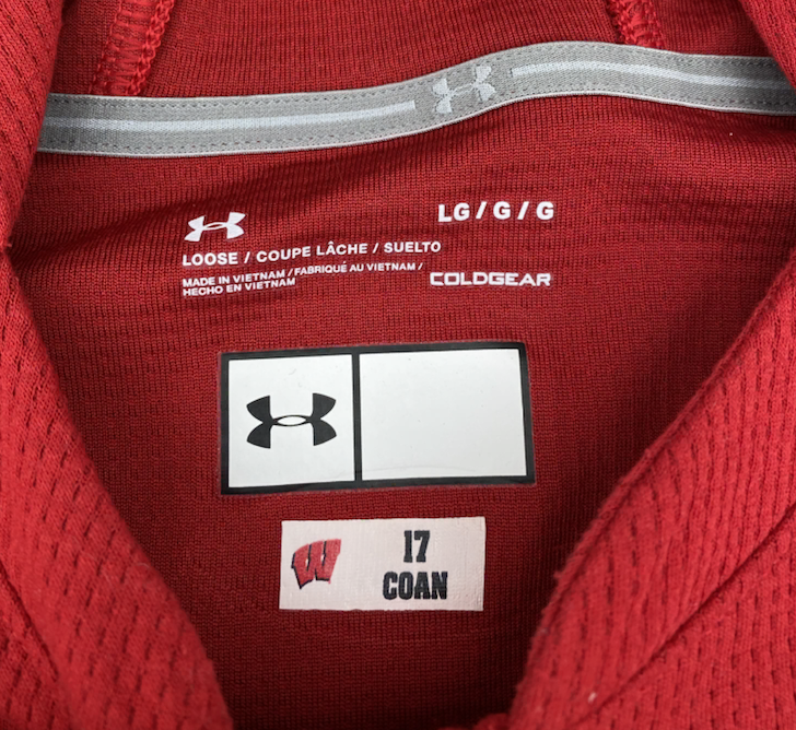 Jack Coan Wisconsin Football Team Issued Quarter-Zip Hoodie with Player Tag (Size L)