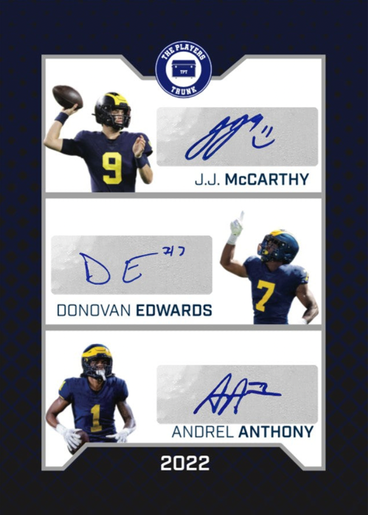 J.J. McCarthy & Donovan Edwards & Andrel Anthony Triple SIGNED 1st Edition 2022 Trading Card *RARE* Color Match (