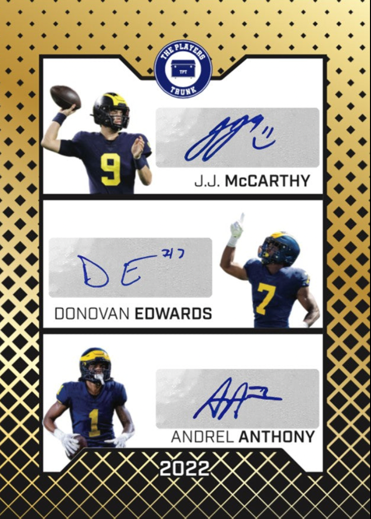 J.J. McCarthy & Donovan Edwards & Andrel Anthony Triple SIGNED Limited Gold Variation 1st Edition 2022 Trading Card (