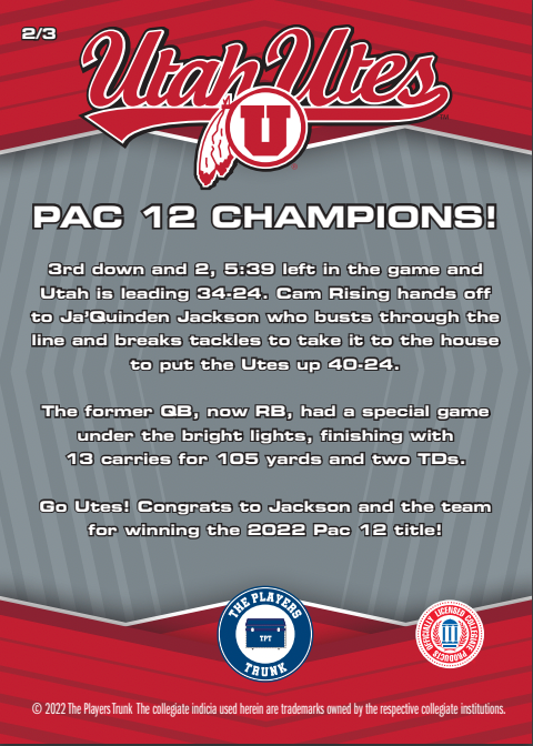 Utah Utes "PAC 12 CHAMPIONS" Commemorative Trading Cards (Set of 3)