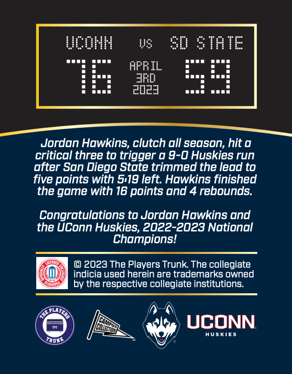 Jordan Hawkins UCONN Basketball "National Champions" Trading Card (
