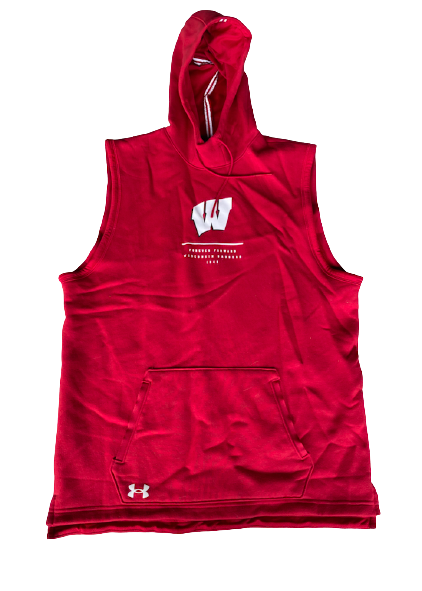Mason Stokke Wisconsin Football Team Issued Sleeveless Performance Hoodie with Player Tag (Size XL)
