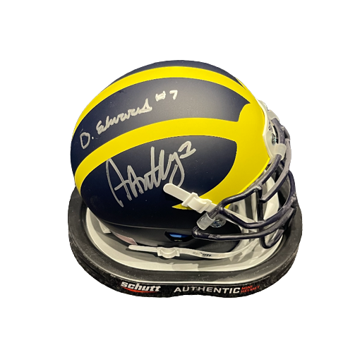 Donovan Edwards & Andrel Anthony Dual Signed Michigan Officially Licensed Mini-Helmet (Schutt Matte)