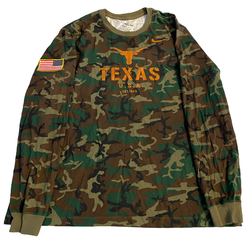 Denzel Okafor Texas Football Team Issued Long Sleeve Camo Shirt with American Flag (Size 2XL)