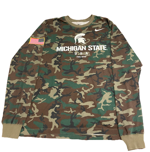 Gabe Brown Michigan State Basketball Team Issued Camo Long Sleeve Shirt with American Flag (Size L)