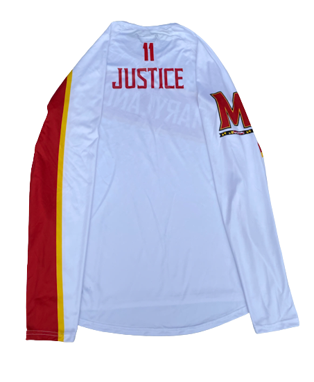 Darryl Morsell Maryland Basketball Team Exclusive SIGNED Long Sleeve Pre-Game Warm-Up Shirt with "JUSTICE" & Number on Back (Size L)