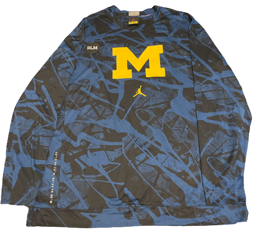 Adrien Nunez Michigan Basketball Player Exclusive Long Sleeve Pre-Game Warm-Up / Bench Shirt (BLM Patch / Silver Elite Tag / Coordinates / Player Tag) (Size L)