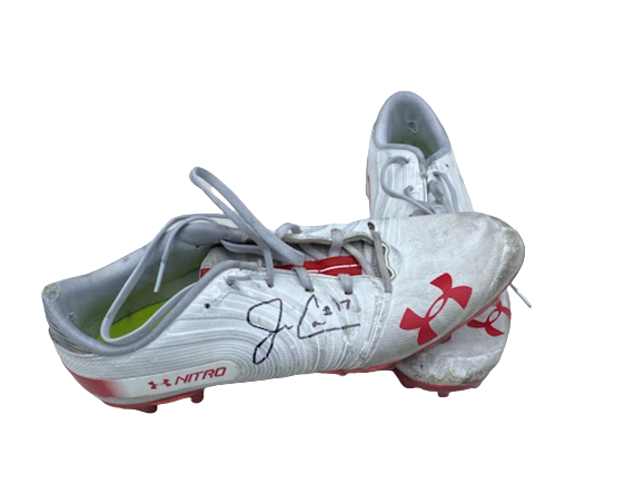 Jack Coan Wisconsin Football SIGNED & INSCRIBED Game Worn 2019 Away Cleats (Size 12)