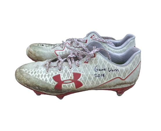 Jack Coan Wisconsin Football SIGNED & INSCRIBED Game Worn 2018 Cleats (Size 12)